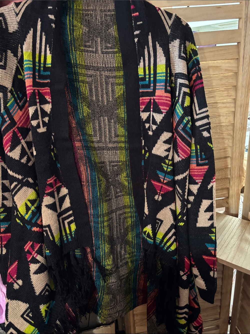Rue21 Black Open-Front Cardigan with Aztec Pattern And Fringes Large